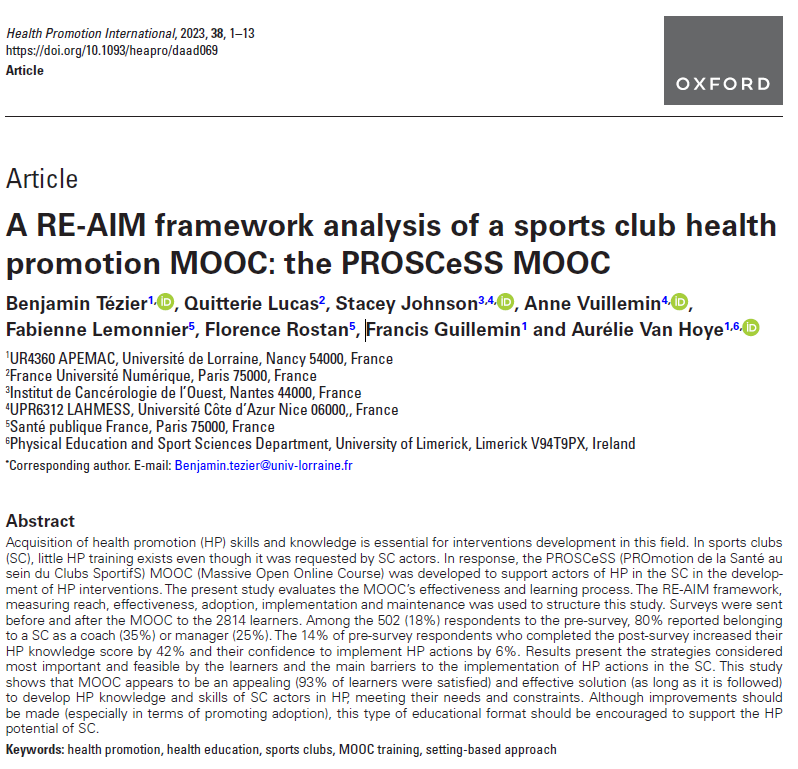 A RE-AIM framework analysis of a sports club health promotion MOOC: the PROSCeSS MOOC